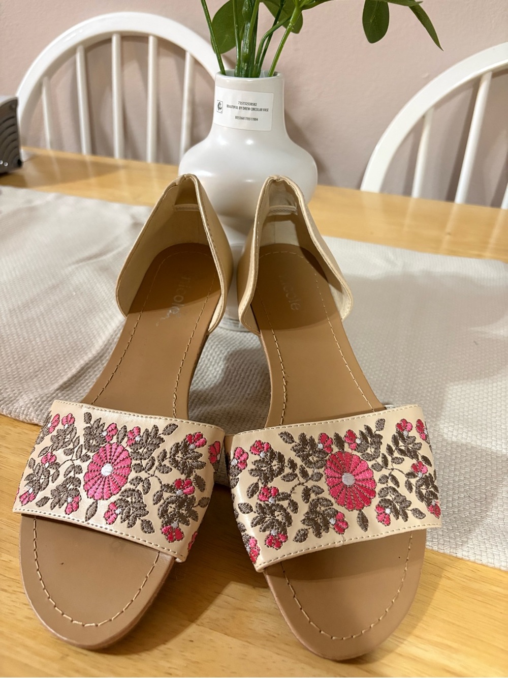 Nicole Beige Open-Toe Sandals with Pink Floral Embroidery